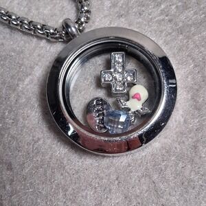 Origami Owl Living Locket Necklace Silver Faith Cross Angel Floating Charms 24"